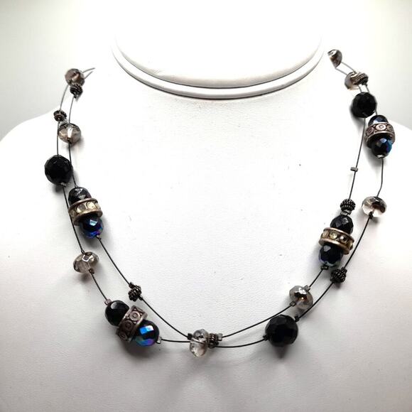 Chico's Black Wire Two Strand Bead Rhinestone Necklace, AB Beads, 19 Inches - Picture 6 of 10